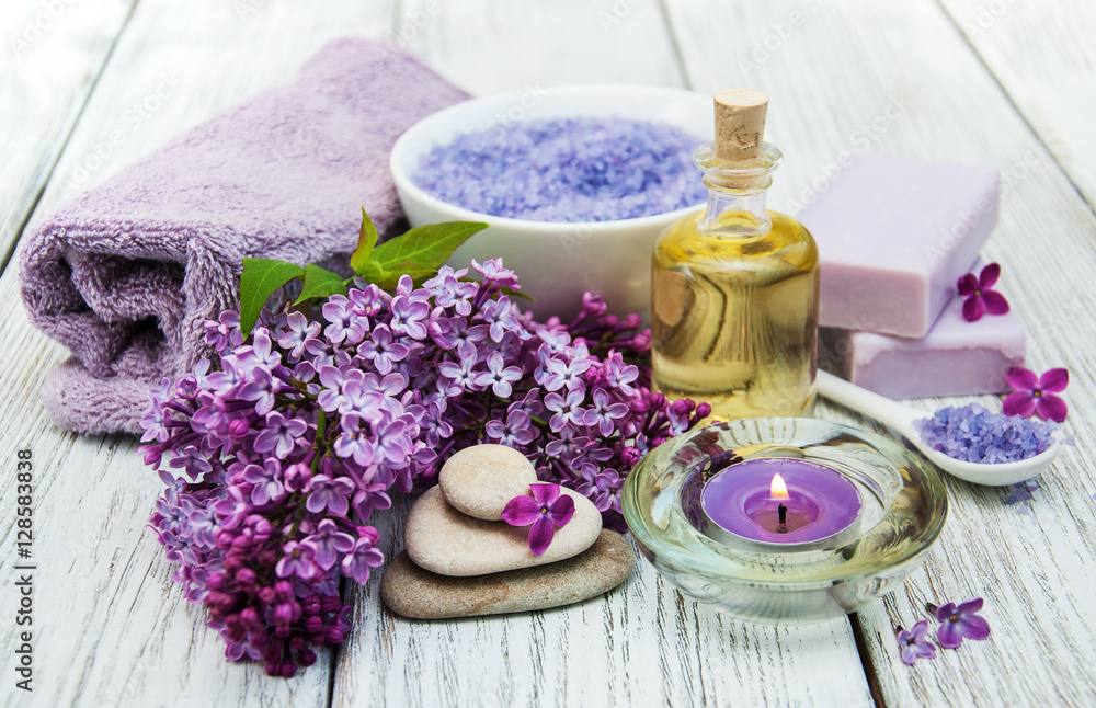 Spa setting with lilac flowers Spa setting with lilac flowers
