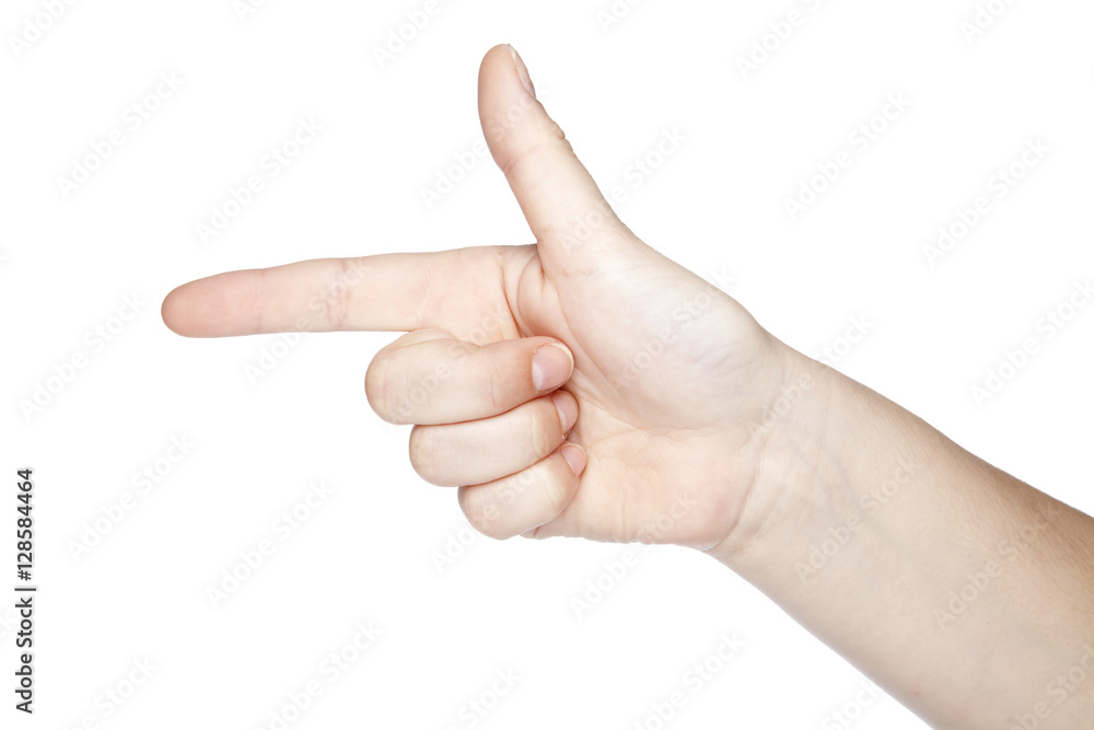 gesture gun hand made, isolated on white background, copy space gesture gun hand made, isolated on white background, copy space
