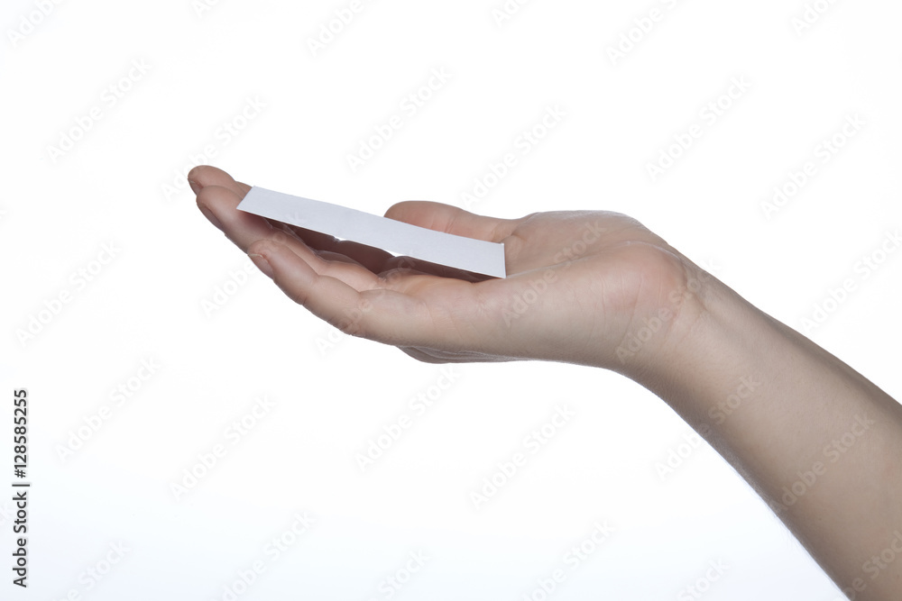 White card given on hands, copy space - obrazy, fototapety, plakaty 