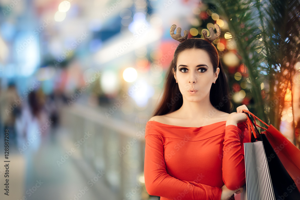 Funny Woman with Christmas Reindeer Horns Headband Shopping