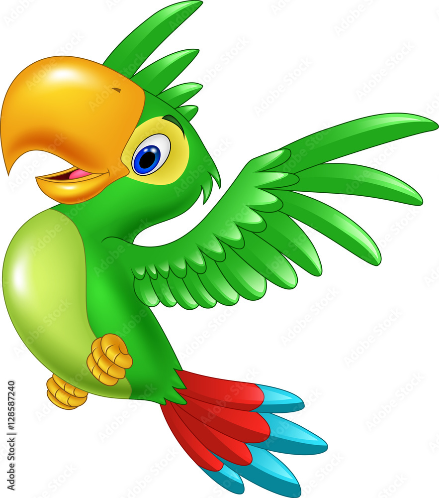 Naklejka premium Cartoon happy parrot flying