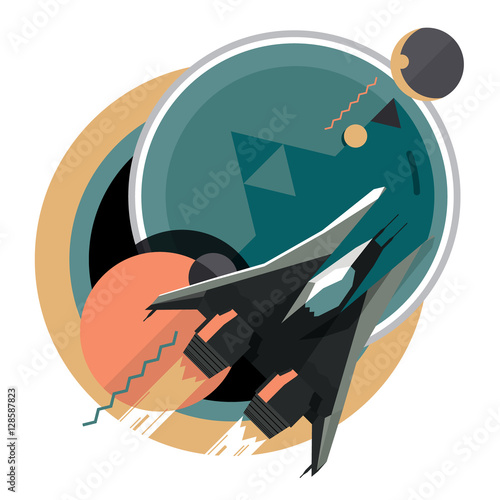 Spacecraft, spaceship in space, planet, flat modern illustration, star war