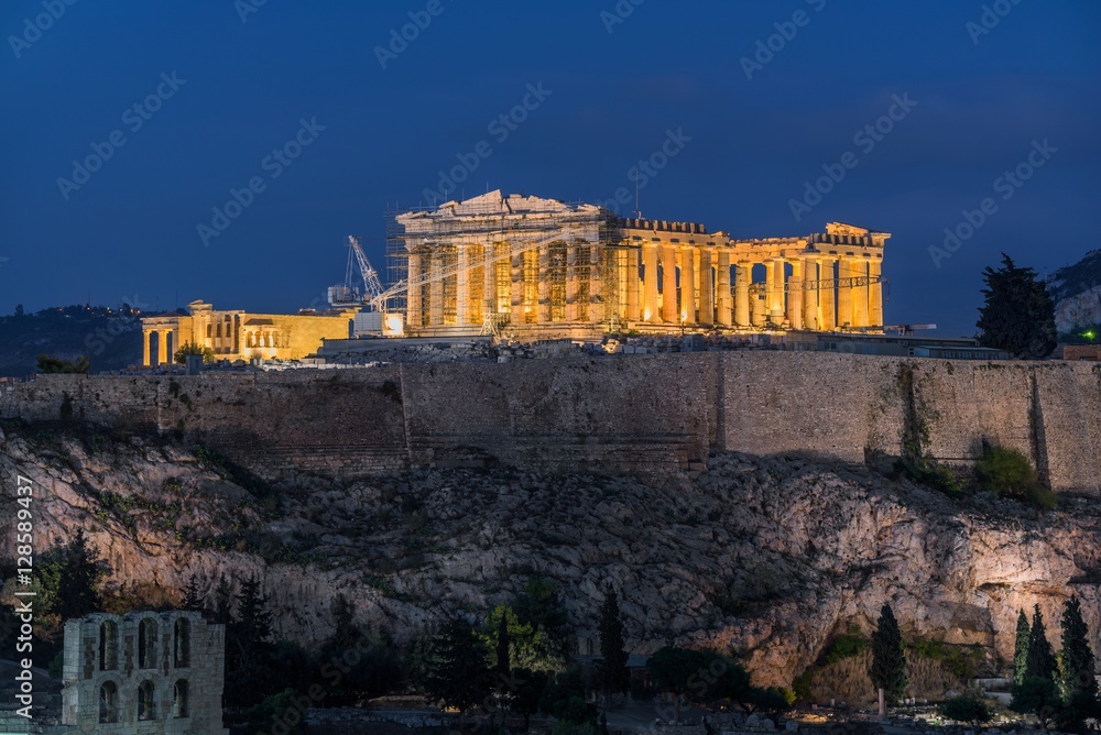 Parthenon at the Acropolis with lights at dusk southwest view