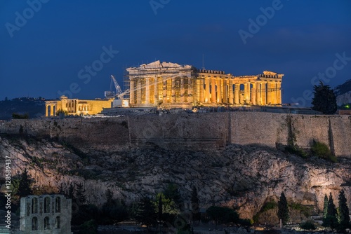 Parthenon at the Acropolis with lights at dusk southwest view
