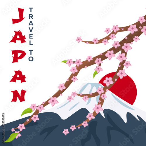 Poster Travel to Japan. Mountain Fuji. Sakura japan cherry branch with blooming flowers vector illustration. Banner. Vector illustration.