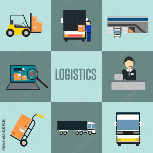 Logistics company and warehouse icon set isolated vector illustration. Forklift truck, storage terminal, logistics manager, freight commercial truck, laptop with delivery map. Freight transportation
