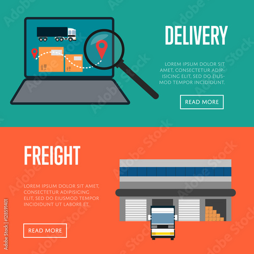 Delivery and freight shipment banners vector illustration. Freight commercial truck near warehouse, laptop with delivery map icons. Logistics and cargo transportation, postal service and distribution