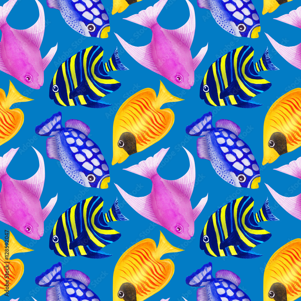 Naklejka premium Seamless pattern with colorful watercolor fishes. Hand-drawn watercolour elements. Sea life. 