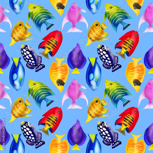 Seamless pattern with colorful watercolor fishes. Hand-drawn watercolour elements. Sea life. 