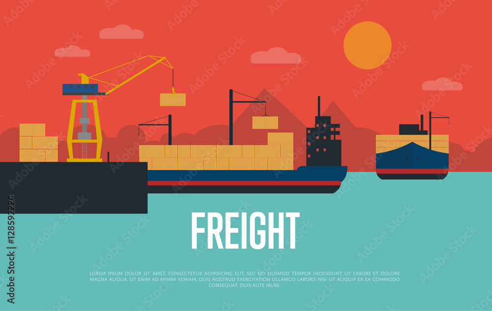 Maritime freight banner with container ship in port vector illustration. Freight crane loading cargo vessel. Industrial freight harbor, container terminal, worldwide logistics and delivery shipping