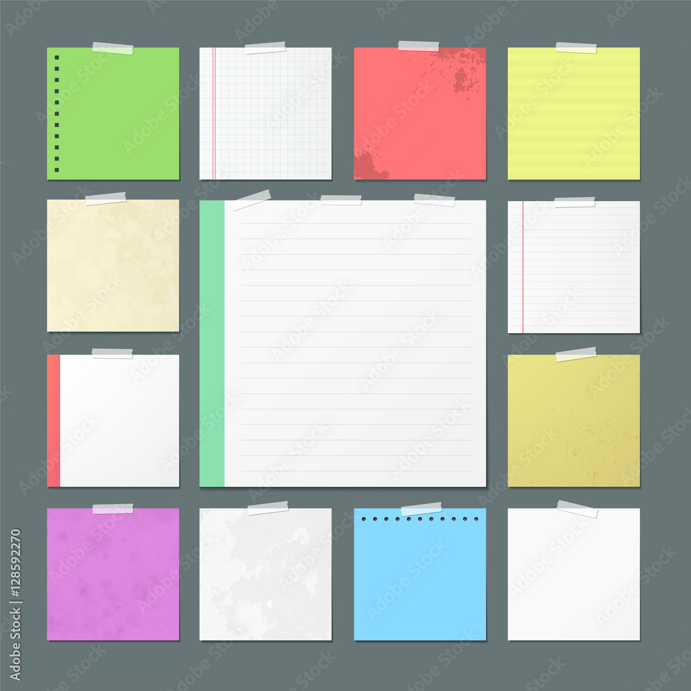 Paper banners for notes. Square sheets of checkered and color paper attached with sticky tape isolated vector illustrations set. Torn notebook and copybook pages used as stickers on adhesive tape Paper banners for notes. Square sheets of checkered and color paper attached with sticky tape isolated vector illustrations set. Torn notebook and copybook pages used as stickers on adhesive tape