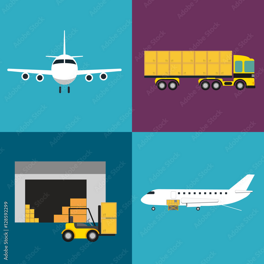 Commercial air shipping service icons set isolated vector illustration. Forklift truck with boxes, loading cargo in jet airplane and freight truck icons. Worldwide logistics, delivery transportation.