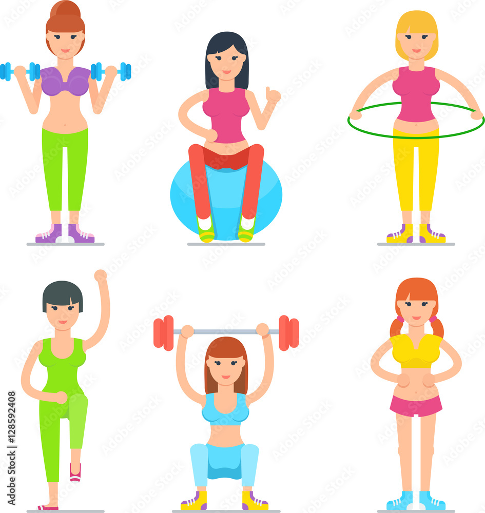 Women fitness classes cartoon icons. Young woman in sport clothing practice with dumbbells, hula hoop, fit ball vector illustration isolated on white background. Healthy lifestyle and moving activity Women fitness classes cartoon icons. Young woman in sport clothing practice with dumbbells, hula hoop, fit ball vector illustration isolated on white background. Healthy lifestyle and moving activity