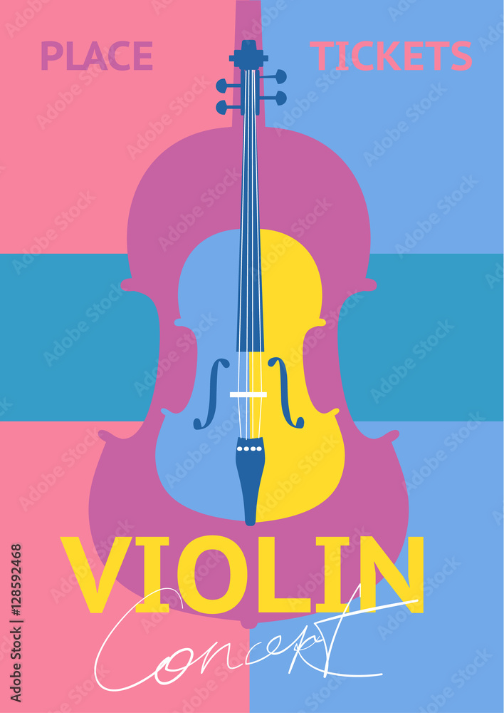 Violin concert concept with place and tickets blocks. Colorful violin