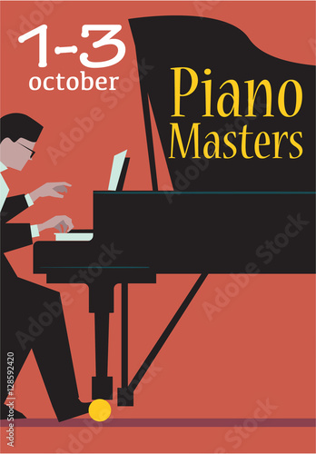 Live concert of piano masters poster with date. Pianist plays the grand piano vector illustration. For classical music live concert,  festival advertising poster, ticket or banner design