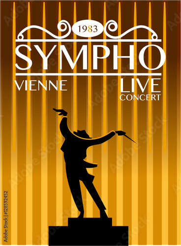 Vienna symphony orchestra live concert poster. Expressive conductor directs orchestra during performance silhouette vector illustration. For music festival advertising flyer or banner design