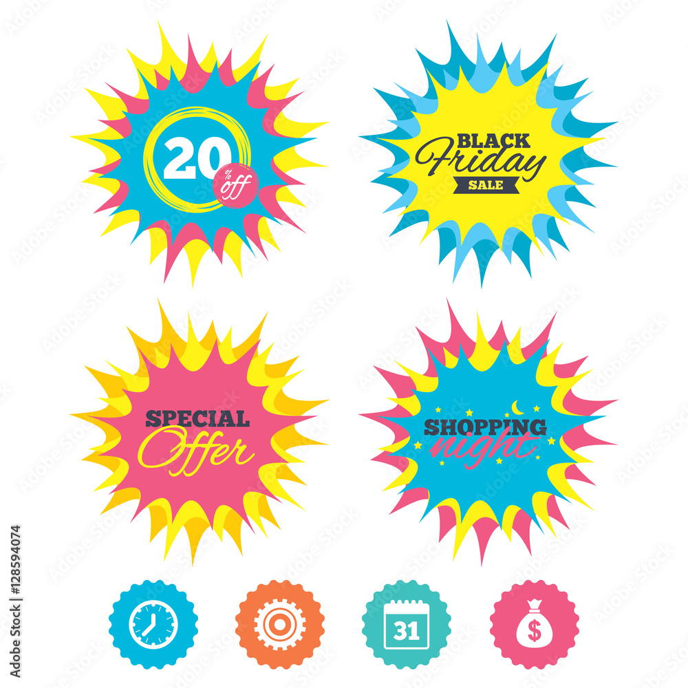 Fototapeta premium Shopping night, black friday stickers. Business icons. Calendar and mechanical clock signs. Dollar money bag and gear symbols. Special offer. Vector