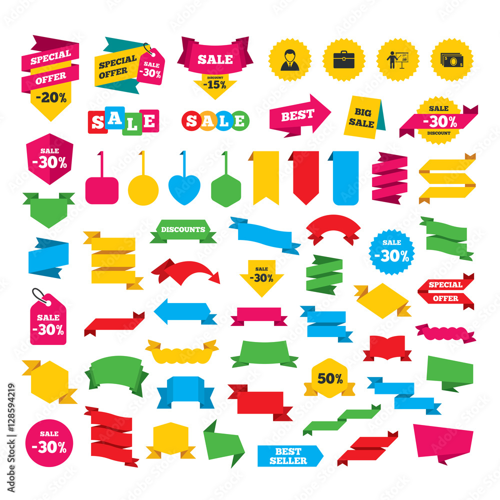 Web stickers, banners and labels. Businessman icons. Human silhouette and cash money signs. Case and presentation with chart symbols. Special offer tags. Vector Web stickers, banners and labels. Businessman icons. Human silhouette and cash money signs. Case and presentation with chart symbols. Special offer tags. Vector