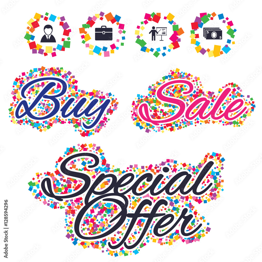 Sale confetti labels and banners. Businessman icons. Human silhouette and cash money signs. Case and presentation with chart symbols. Special offer sticker. Vector Sale confetti labels and banners. Businessman icons. Human silhouette and cash money signs. Case and presentation with chart symbols. Special offer sticker. Vector