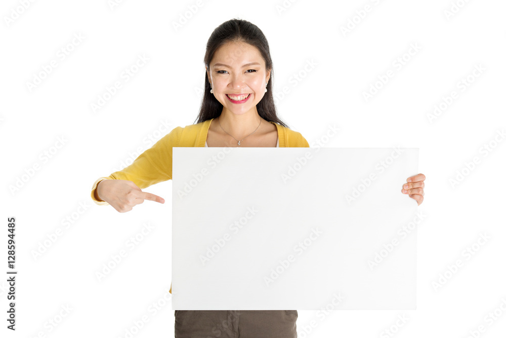 Young Asian woman holding white paper card Young Asian woman holding white paper card