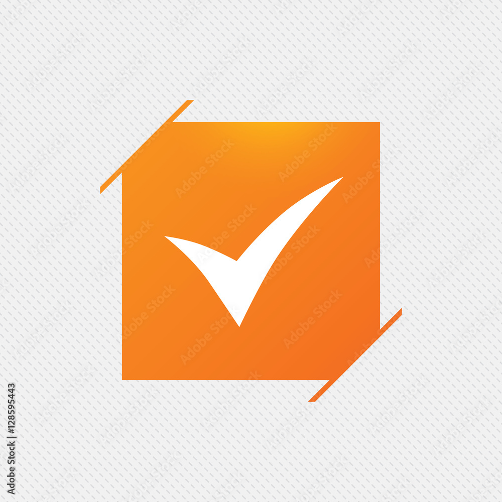 Check sign icon. Yes symbol. Confirm. Orange square label on pattern. Vector Check sign icon. Yes symbol. Confirm. Orange square label on pattern. Vector