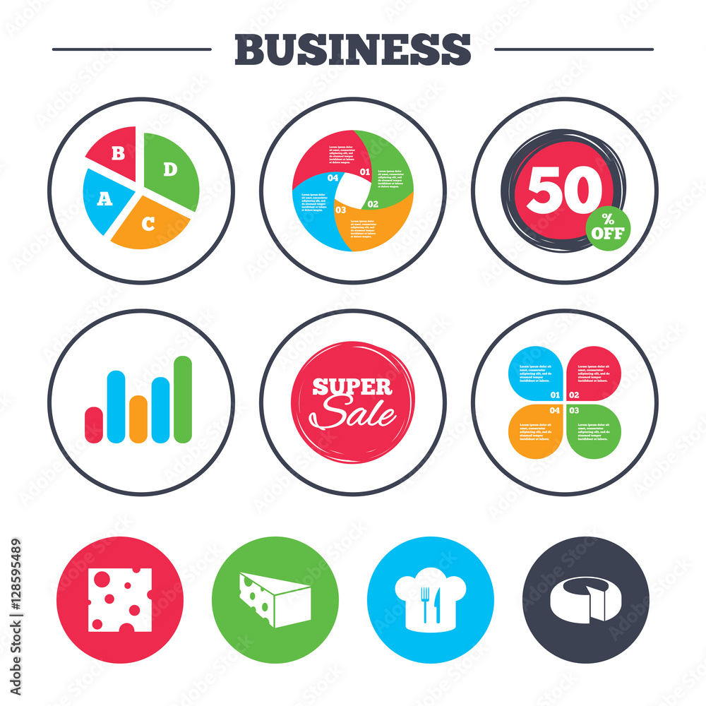 Business pie chart. Growth graph. Cheese icons. Round cheese wheel sign. Sliced food with chief hat symbols. Super sale and discount buttons. Vector Business pie chart. Growth graph. Cheese icons. Round cheese wheel sign. Sliced food with chief hat symbols. Super sale and discount buttons. Vector