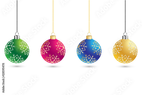 Christmas set of balls decoration background with snowflakes. Happy New Year bauble traditional. Merry Xmas greeting card . Bright shiny decorative holiday design. Vector illustration