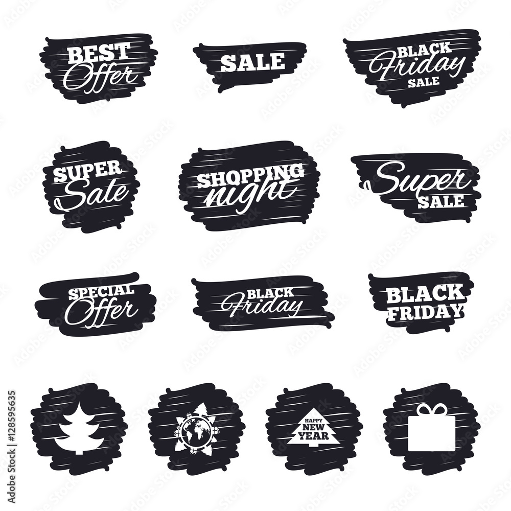 Ink brush sale stripes and banners. Happy new year icon. Christmas trees and gift box signs. World globe symbol. Black friday. Ink stroke. Vector