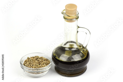 Hemp seed oil is poured into the bottle