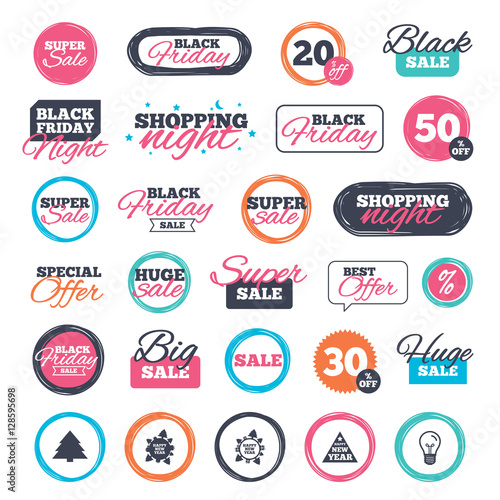 Sale shopping stickers and banners. Happy new year icon. Christmas trees signs. World globe symbol. Website badges. Black friday. Vector
