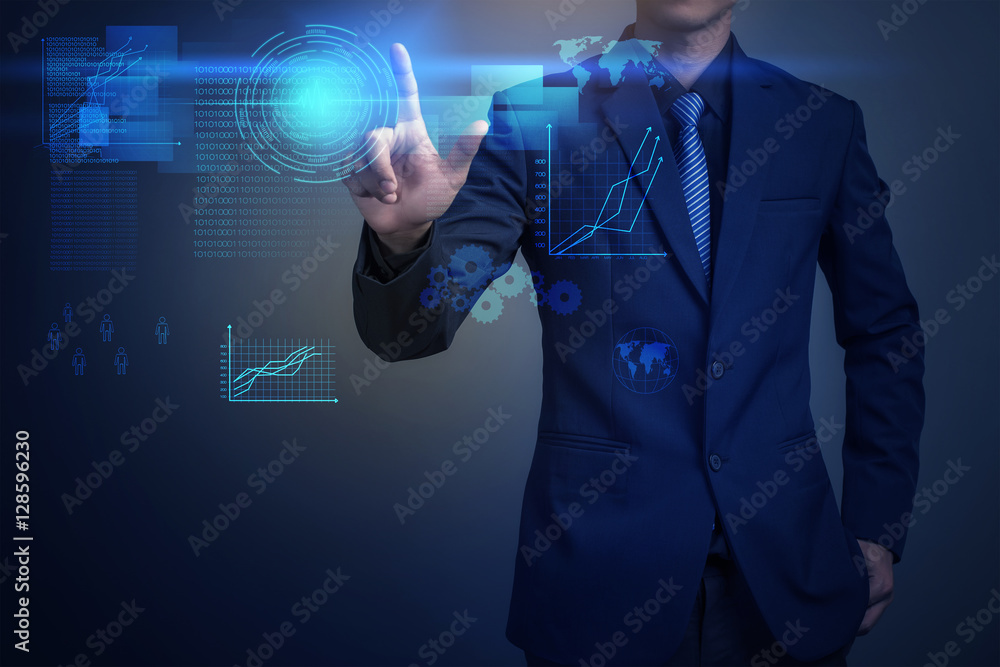Close up of businessman touching digital screen with finger Close up of businessman touching digital screen with finger