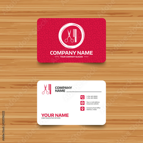 Business card template with texture. Comb hair with scissors sign icon. Barber symbol. Phone, web and location icons. Visiting card  Vector
