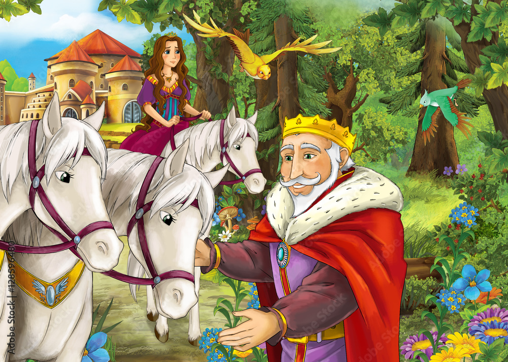 Cartoon scene with cute royal charming couple on the meadow - beautiful manga girl - illustration for children
