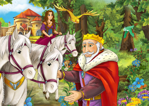 Cartoon scene with cute royal charming couple on the meadow - beautiful manga girl - illustration for children 