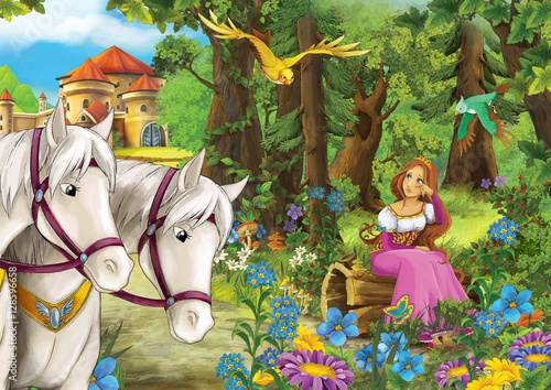 Fototapeta Naklejka Na Ścianę i Meble -  Cartoon happy and funny scene of woman in the forest with her horses near the castle - illustration for children