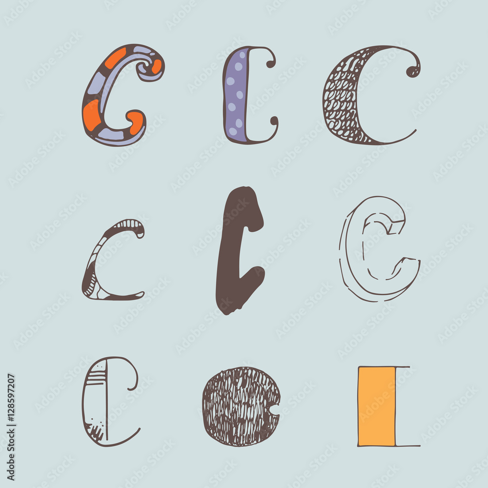Vector set of colorful alphabet letters C, isolated on light blue ...