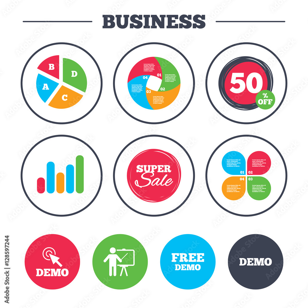 Fototapeta premium Business pie chart. Growth graph. Demo with cursor icon. Presentation billboard sign. Man standing with pointer symbol. Super sale and discount buttons. Vector