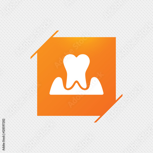 Parodontosis tooth icon. Gingivitis sign. Inflammation of gums symbol. Orange square label on pattern. Vector