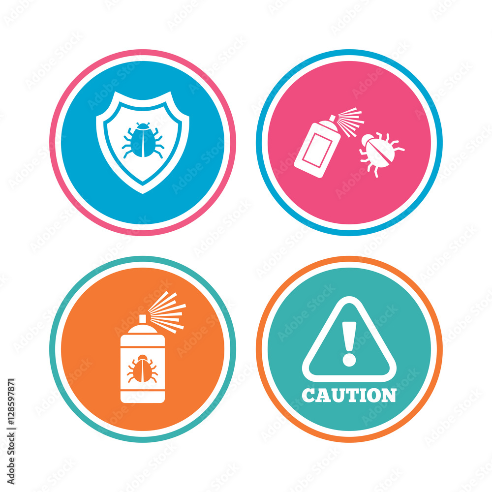 Bug disinfection icons. Caution attention and shield symbols. Insect fumigation spray sign. Colored circle buttons. Vector