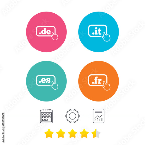 Top-level internet domain icons. De, It, Es and Fr symbols with hand pointer. Unique national DNS names. Calendar, cogwheel and report linear icons. Star vote ranking. Vector © blankstock