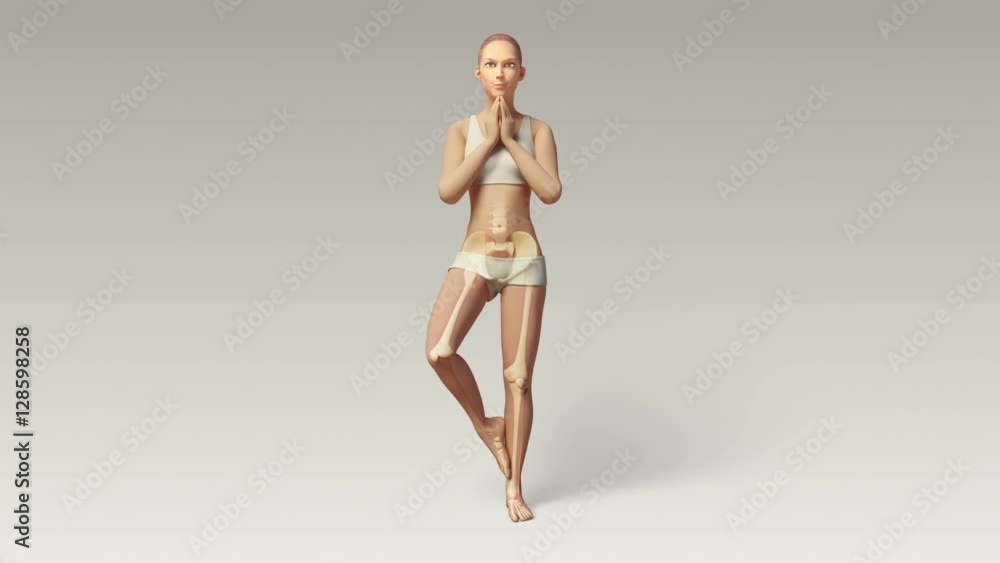 Tree Pose Of Stretching Young Female With Visible Skeleton Tree Pose Of Stretching Young Female With Visible Skeleton