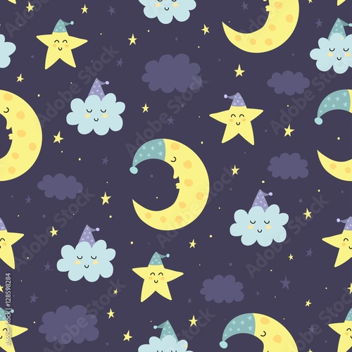 Good Night seamless pattern with cute sleeping moon, stars