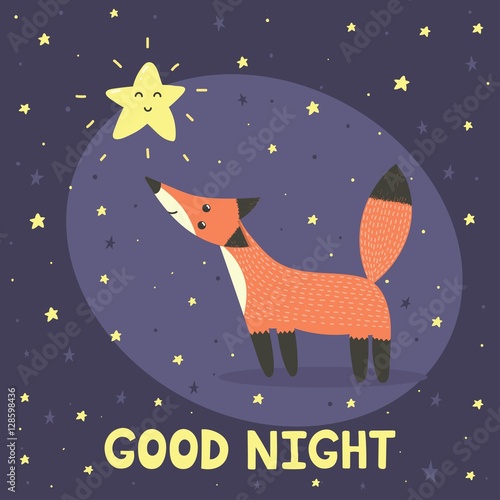 Good night card with cute fox and star