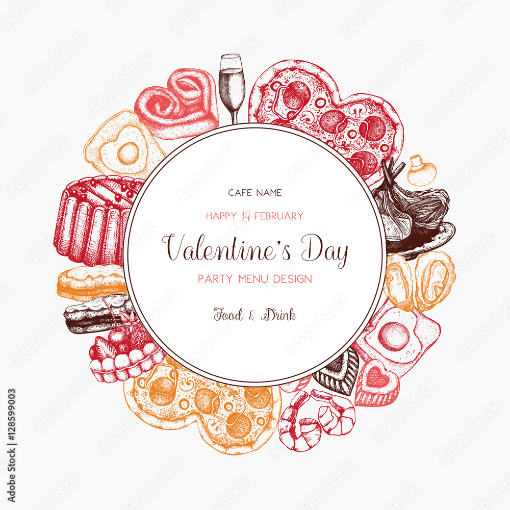 Naklejka premium Valentine's day greeting card, banner or flyer template. Sketched food and drinks illustration. Hand drawn Cafe menu, advertisement. Vector background.