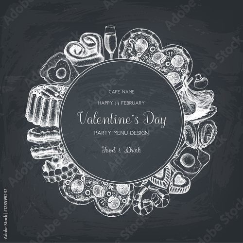 Vintage card or invitation design for Valentine's Day celebration. Vector frame with hand drawn food and drinks sketch on chalkboard. Cafe or restaurant menu template on chalkboard