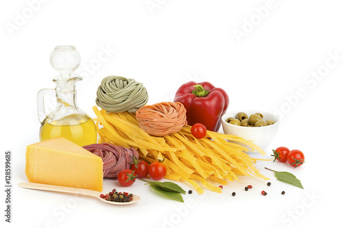 Italian pasta ingredients on white