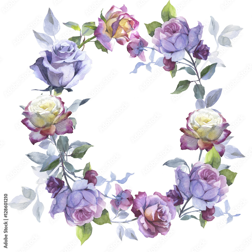 Wildflower rose flower wreath in a watercolor style isolated.