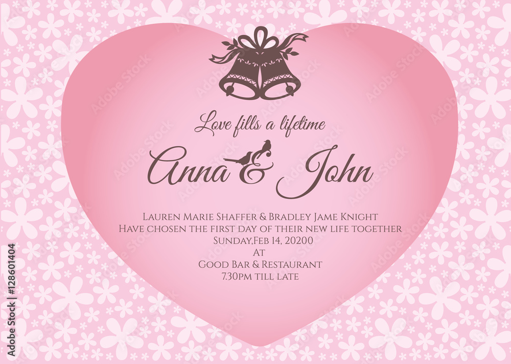 Wedding card - bell and text in pink heart on flower abstract background vector template design