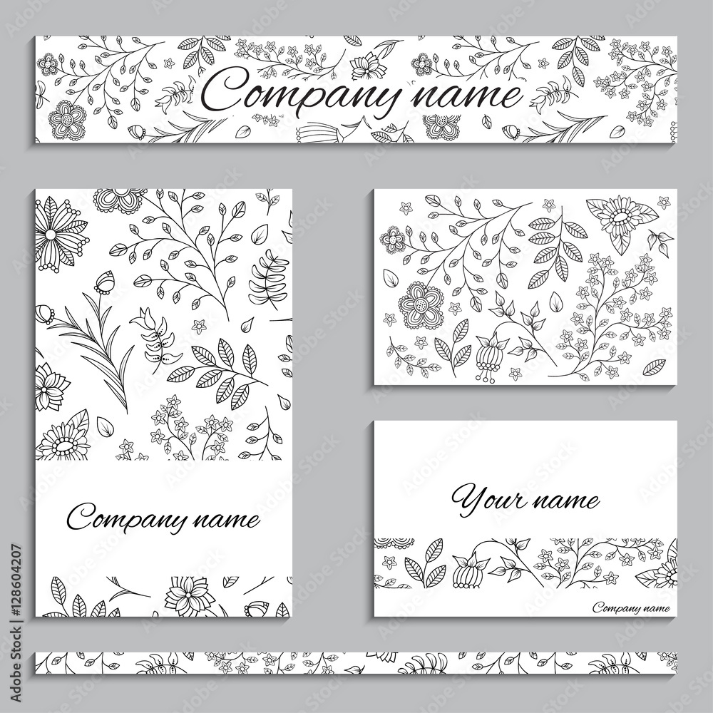 set of business cards and banners in one style with flowers. black and white colors. vector illustration. set of business cards and banners in one style with flowers. black and white colors. vector illustration.