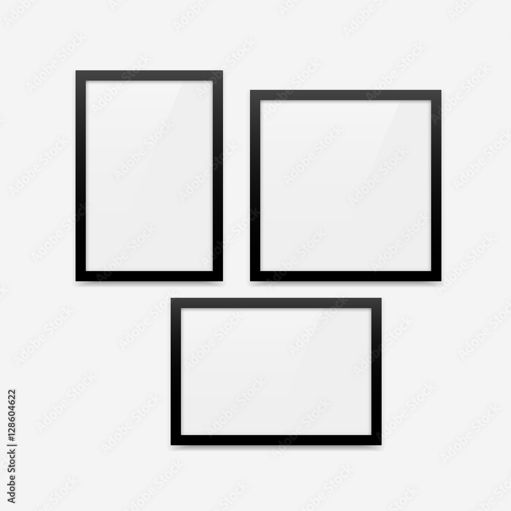 Black minimalistic vector photo frame blank mockups set. Vertical frame
